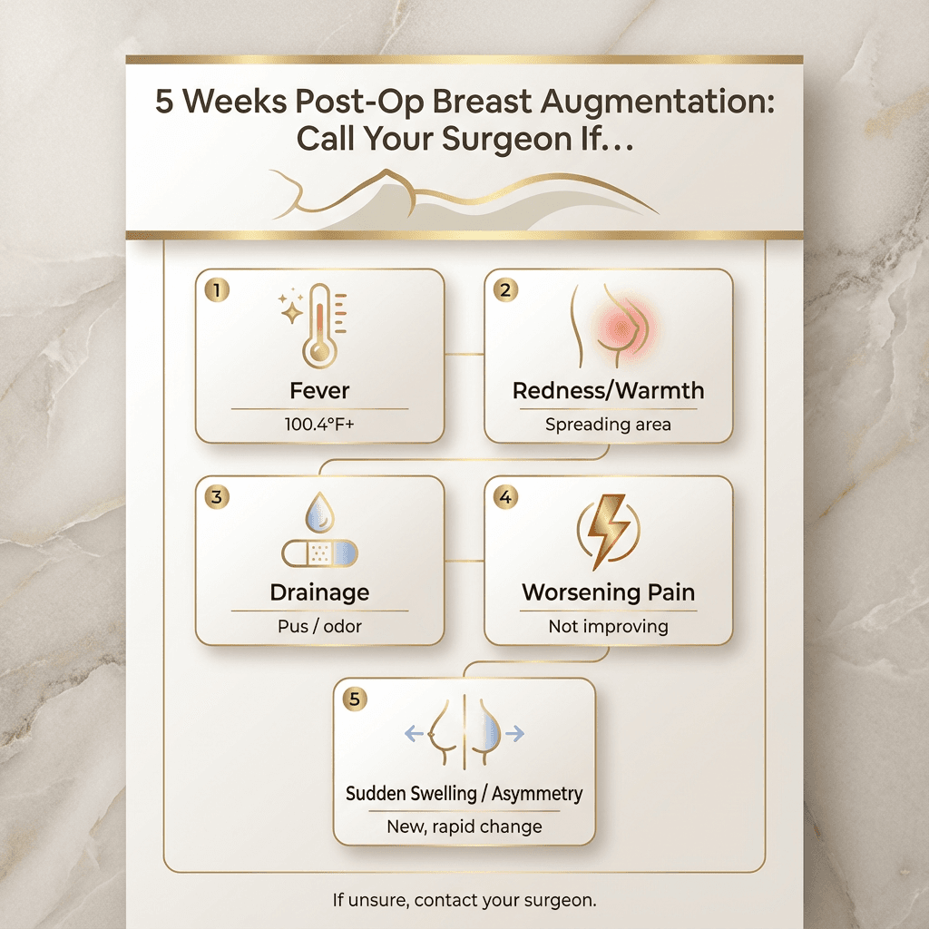 Refined infographic: “Call Your Surgeon If…” with icons for fever, redness, discharge, worsening pain, sudden swelling/asymmetry; include a small note: “If unsure, contact your surgeon.”