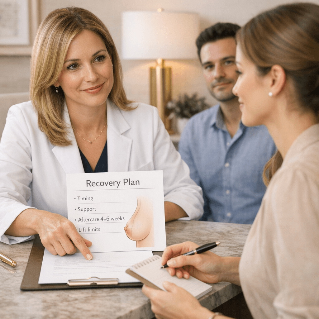 Board-certified female surgeon discusses breast reduction recovery plan with post-pregnancy mother in modern clinic office