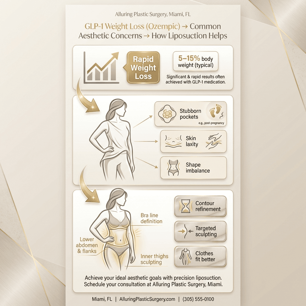 Infographic: “GLP-1 weight loss → common aesthetic concerns → how liposuction helps” (weight-loss % callout, stubborn pockets, skin laxity, contour refinement). Stone-tone palette with subtle gold accents.