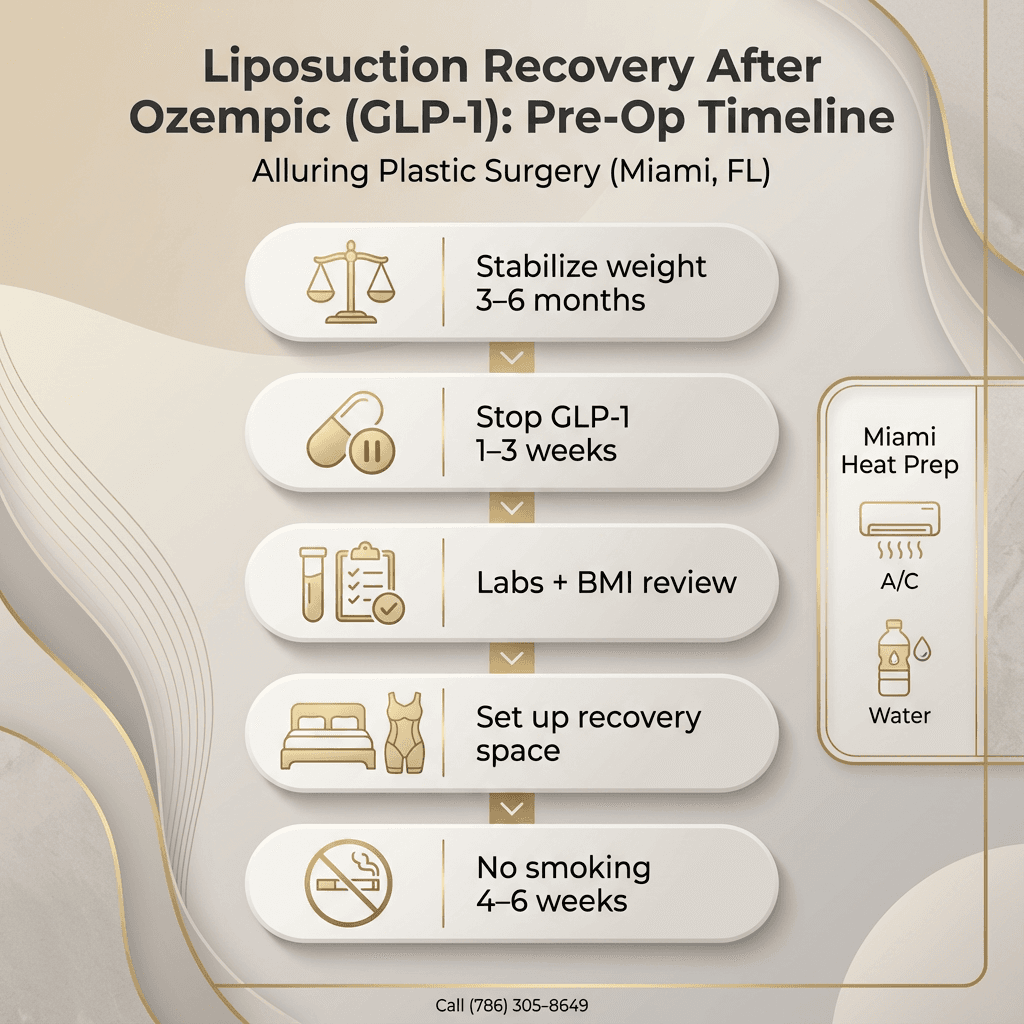 Pre-op checklist/timeline: “Stabilize weight 3–6 months → stop GLP-1 1–3 weeks → labs/BMI review → recovery space setup → no smoking 4–6 weeks.” Include Miami heat prep icons (AC, water).