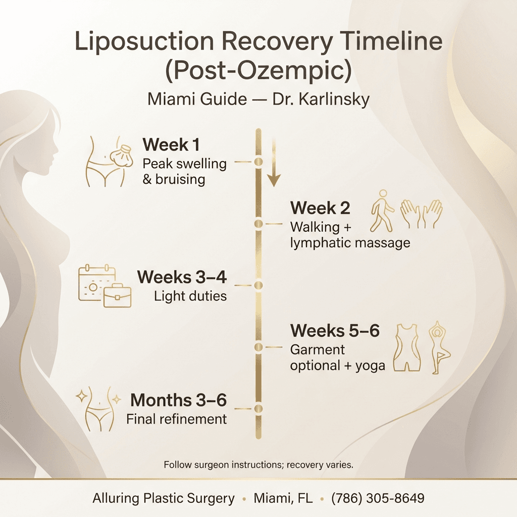 Week-by-week recovery timeline graphic: swelling/bruising peak (Week 1), walking + lymphatic massage (Week 2), light duties (Weeks 3–4), garment optional + yoga (Weeks 5–6), final refinement (Months 3–6). Use a sleek stone/gold design.