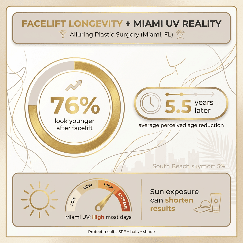 Elegant infographic: âFacelift Longevity + Miami UV Realityâ featuring the 76% statistic, 5.5 years figure, and a simple UV index/ sun exposure callout for Miami (stone-tone palette with subtle gold accents).