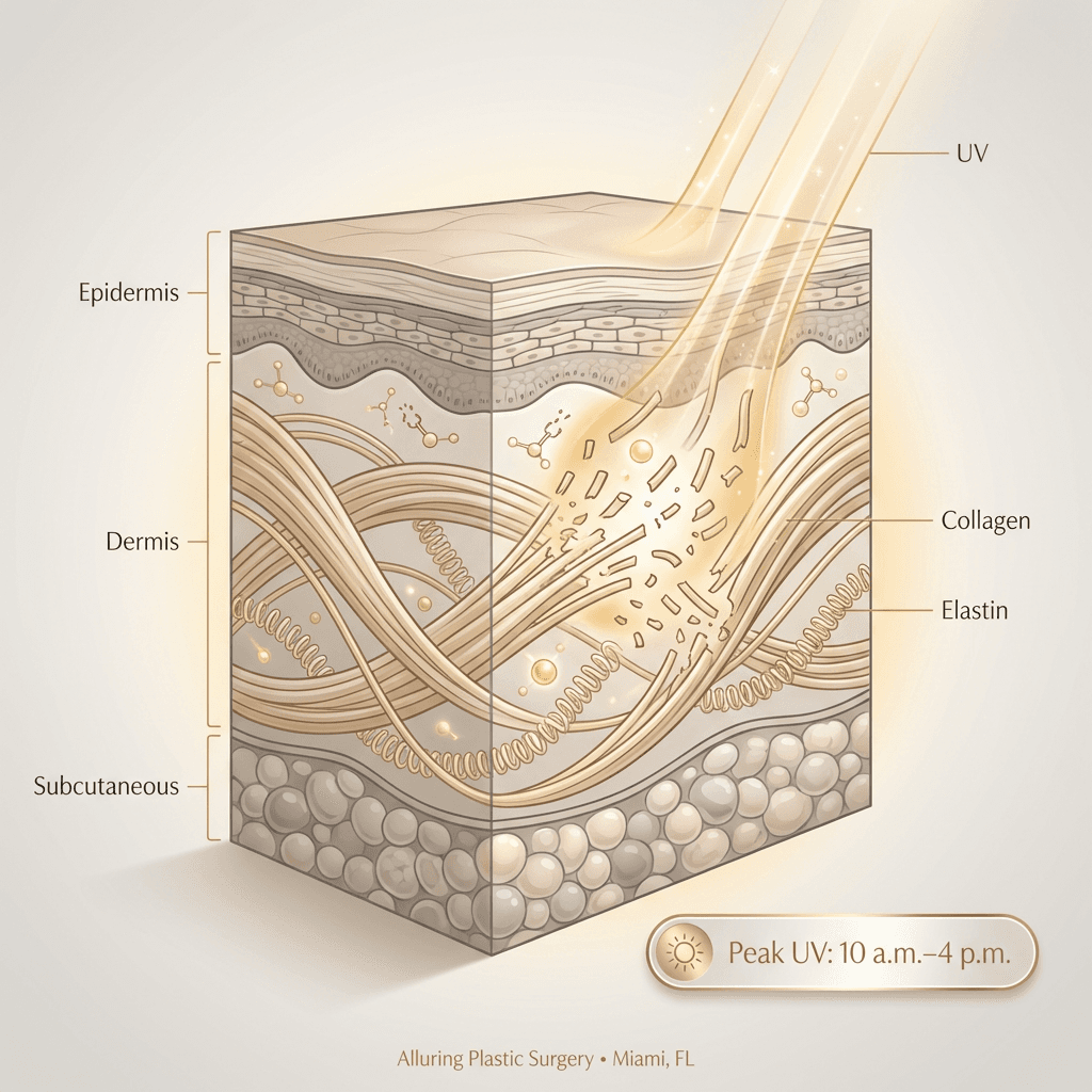 Clean educational diagram: skin cross-section showing collagen/elastin + UV rays, paired with a mini âPeak UV hours: 10 a.m.â4 p.m.â strip (luxury clinic aesthetic).