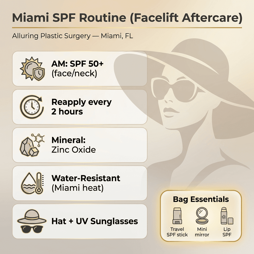 âMiami SPF Routineâ mini-checklist: AM application, reapply cadence, mineral (zinc oxide), water-resistant, hat + UV sunglasses; include a small âbag essentialsâ callout for travel-size sunscreen.