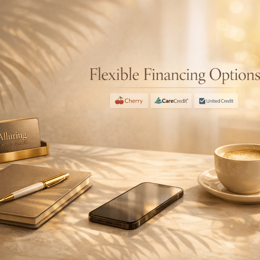 Premium marketing graphic or photo-style banner: elegant desk scene with subtle Miami light, overlay text âFlexible Financing Optionsâ and small icon-style tiles for Cherry/CareCredit/United Credit (avoid clutter; keep brand palette).