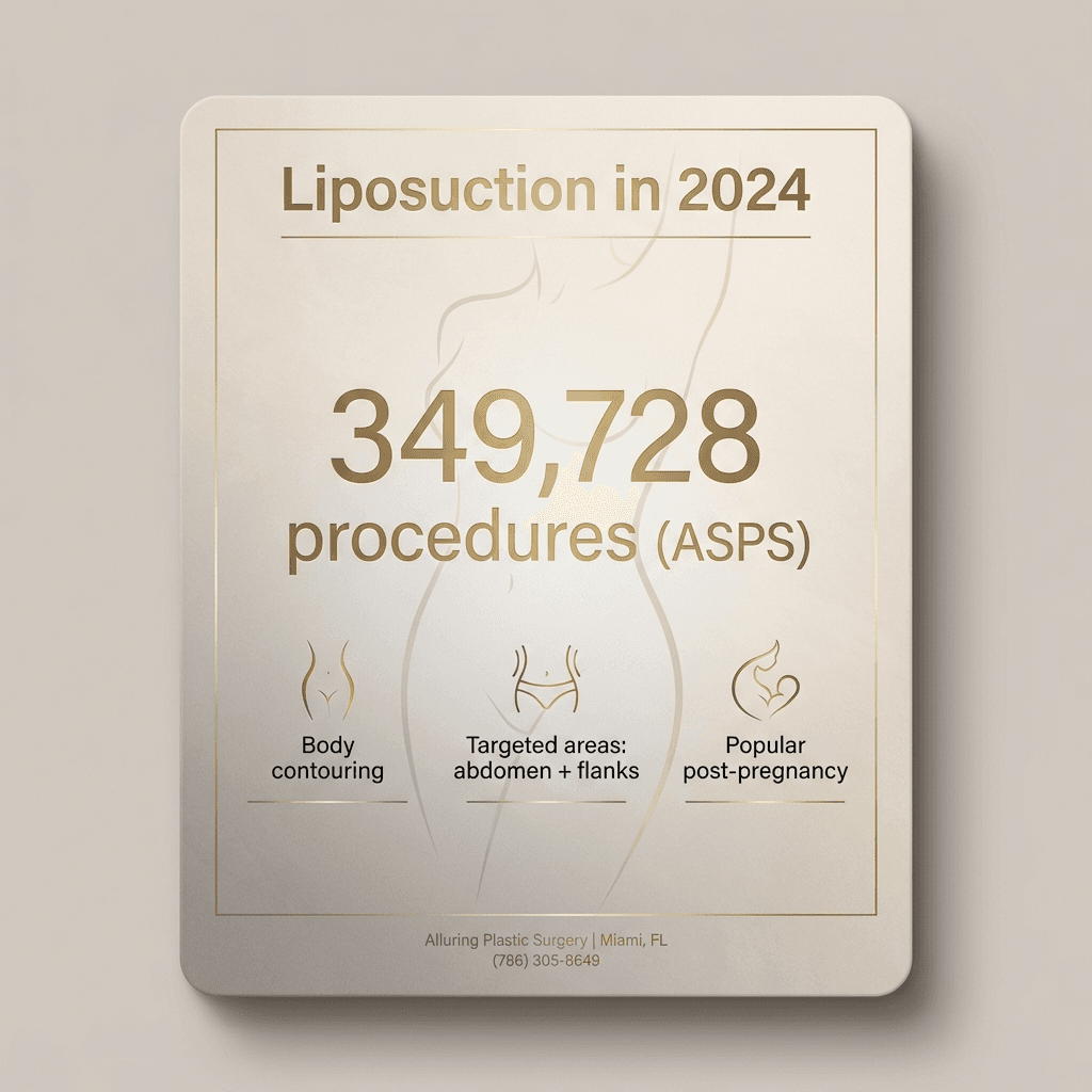 A luxury-branded infographic card: “Liposuction in 2024: 349,728 procedures (ASPS)” + 2–3 micro callouts (e.g., “body contouring,” “targeted areas: abdomen/flanks,” “popular post-pregnancy”). Use stone tones with subtle gold accents.