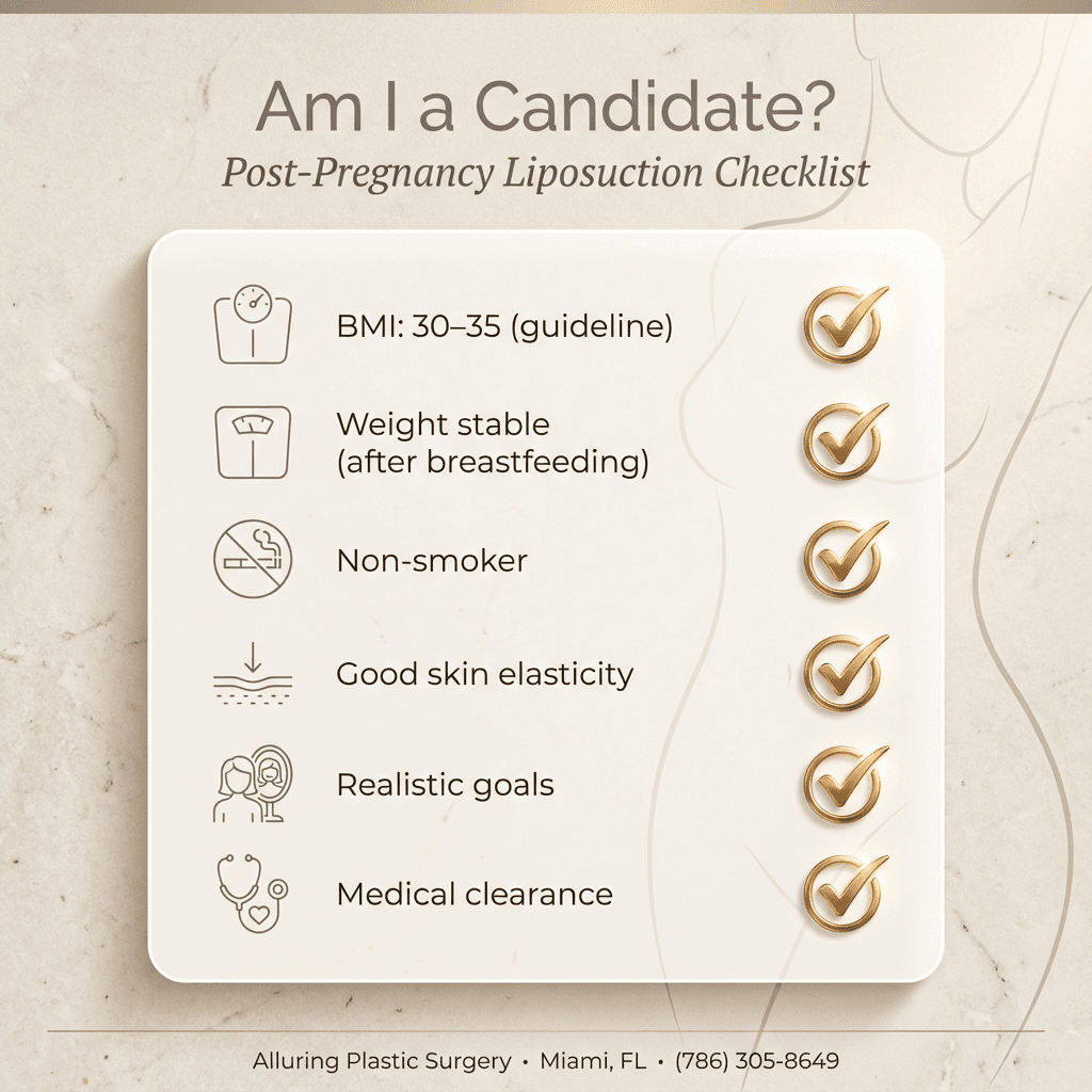“Am I a candidate?” infographic checklist: BMI 30–35 guideline, stable weight post-breastfeeding, non-smoker, good skin elasticity, realistic goals, medical clearance—designed with stone background and gold checkmarks.