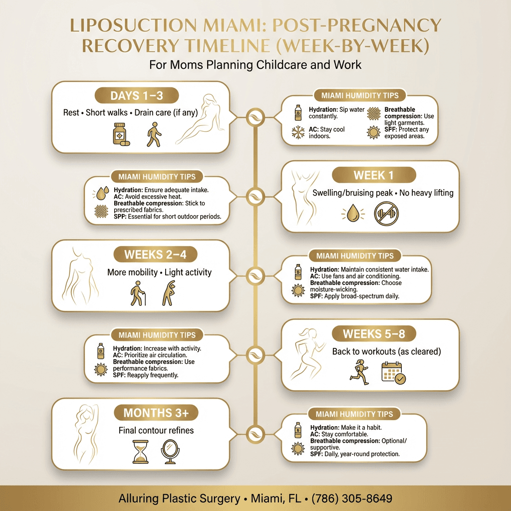Week-by-week recovery timeline: Days 1–3, Week 1, Weeks 2–4, Weeks 5–8, Months 3+ with “Miami humidity tips” callouts (hydration, AC, breathable compression, SPF).