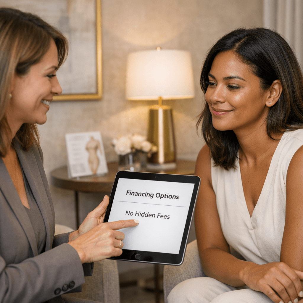 High-end consultation scene in a Miami clinic: doctor or patient coordinator reviewing a treatment plan/financing options on a tablet, neutral stone-toned interior with subtle gold accents; warm, professional, reassuring mood.