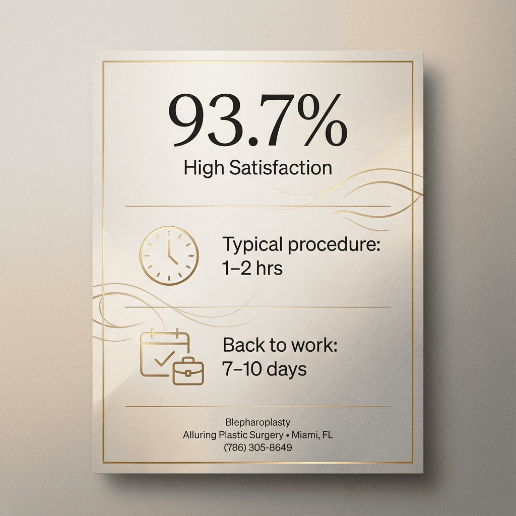 Luxury-styled stat card/mini infographic: “93.7% high satisfaction” + “Typical procedure: 1–2 hrs” + “Back to work: 7–10 days” (stone-toned background with gold accent lines).