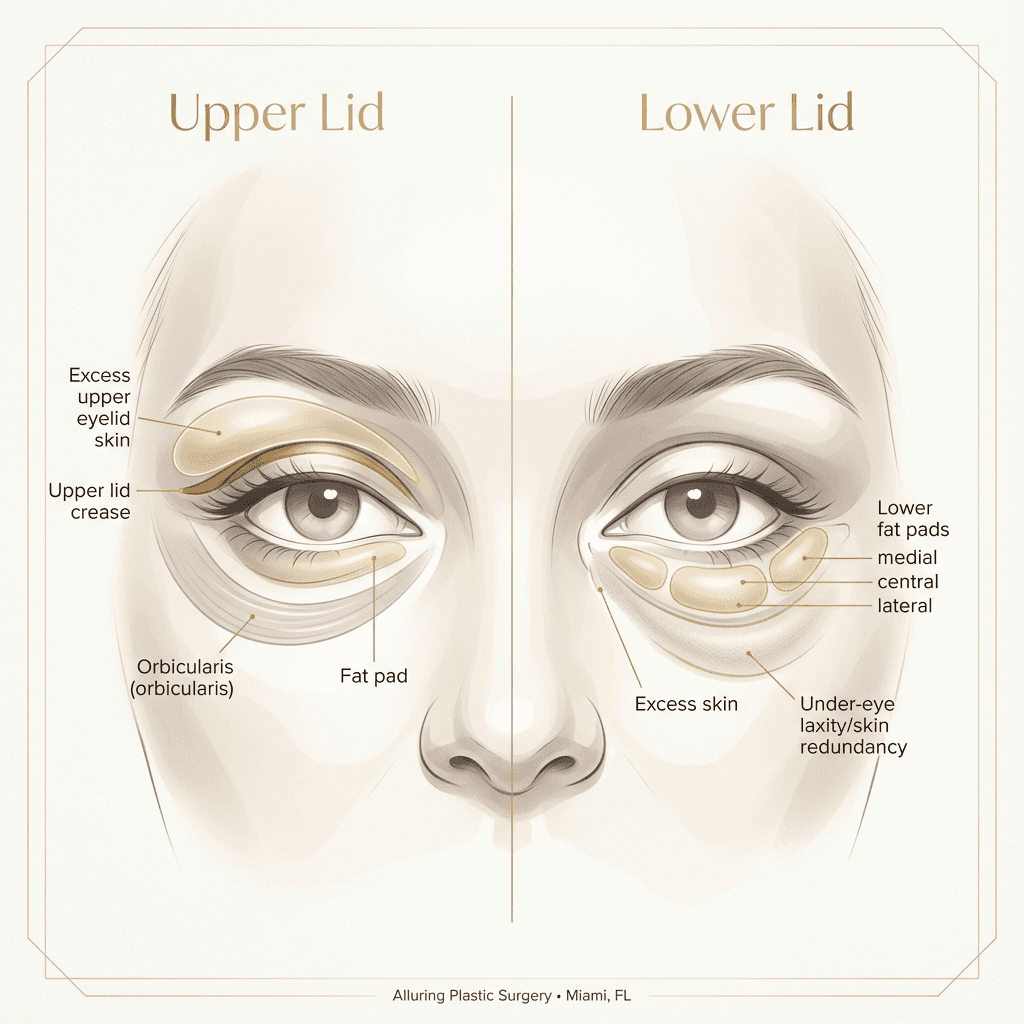 Elegant labeled illustration: upper vs. lower blepharoplasty targets (excess skin, fat pads, lid crease) with subtle beige/cream palette and minimal linework.