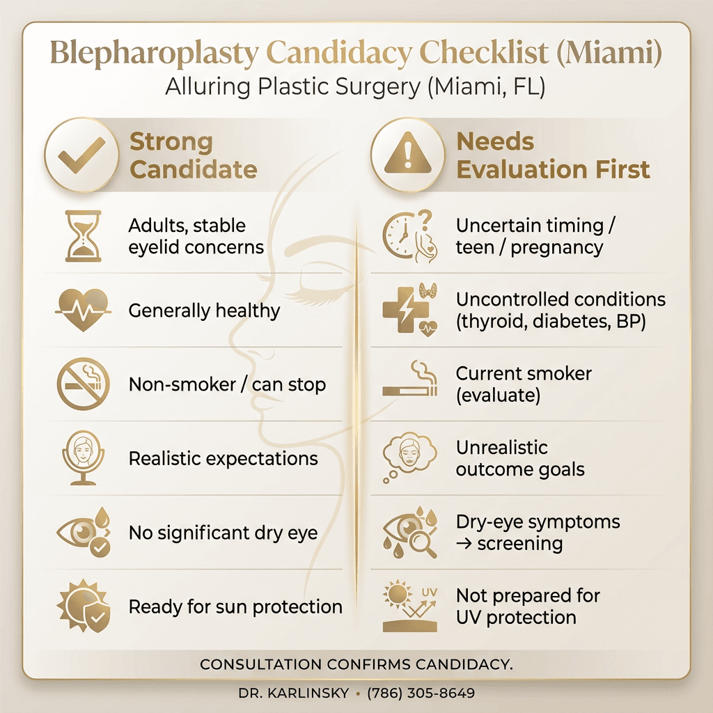 Checklist infographic: “Strong candidate” vs “Needs evaluation first” (age/health/non-smoker/realistic goals/dry-eye screening/sun protection readiness). Include a subtle CTA line: “Consultation confirms candidacy.”