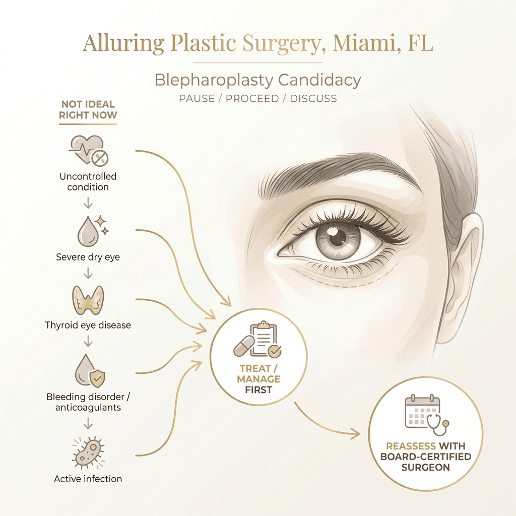 Minimalist flow diagram: “Not ideal right now” factors (uncontrolled conditions, severe dry eye, thyroid eye disease, bleeding disorders, active infection) → “Treat/manage first” → “Reassess with board-certified surgeon.”