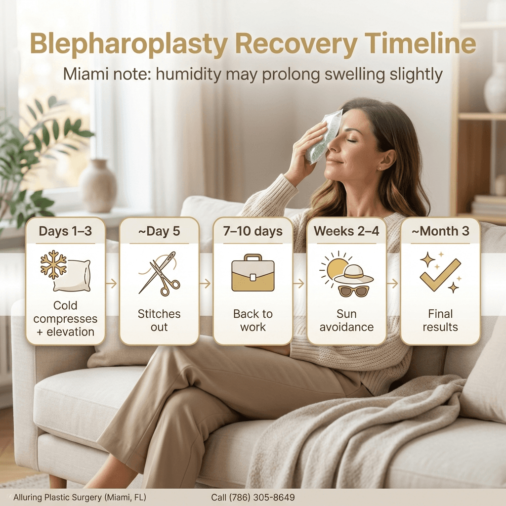 Recovery timeline infographic with milestones: “Cold compresses + elevation (Days 1–3) / stitches out ~Day 5 / back to work 7–10 days / sun avoidance Weeks 2–4 / final results ~Month 3,” with a Miami note: humidity may prolong swelling slightly.