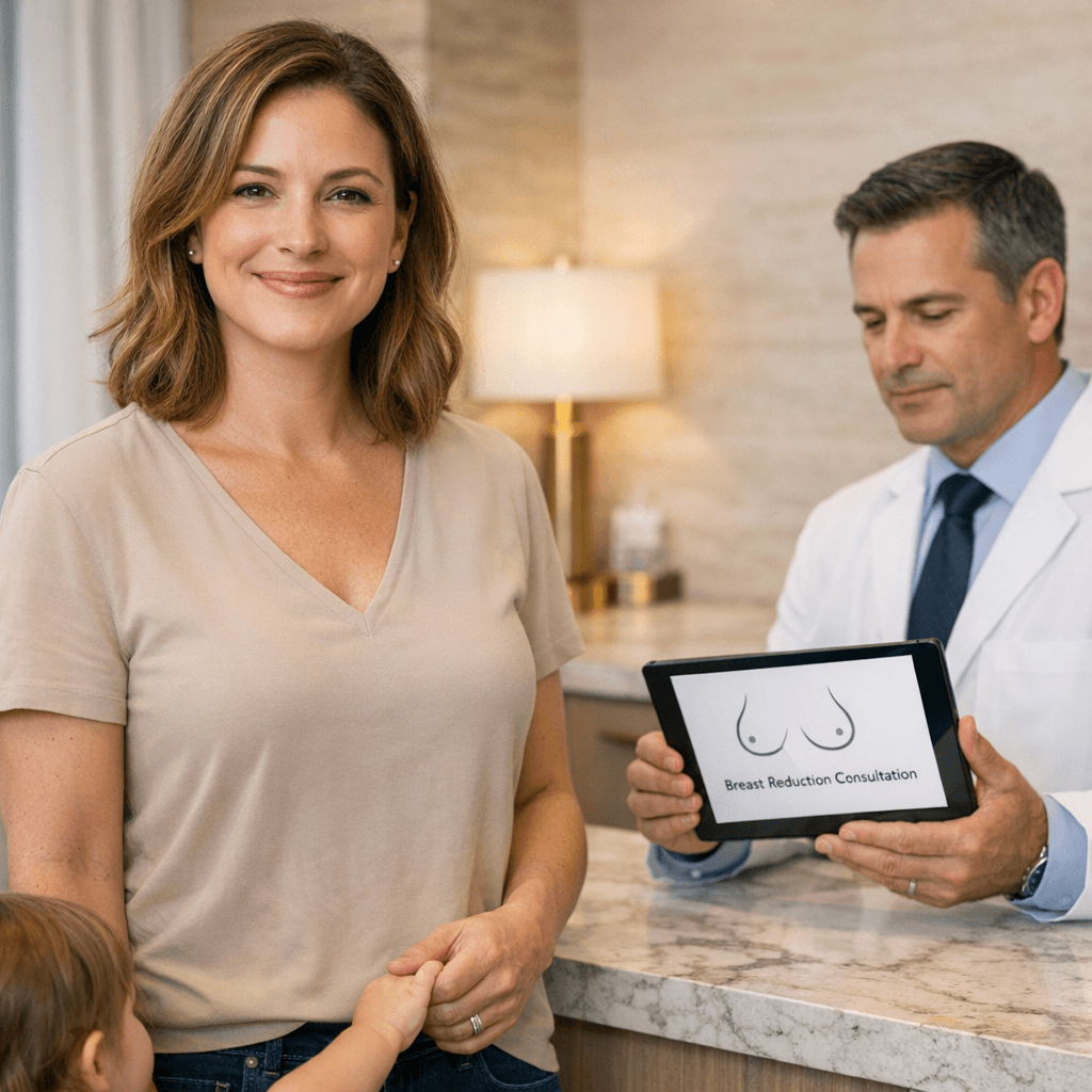 Post-pregnancy woman in clinic holds toddler’s hand, showing relief after breast reduction consultation with surgeon.
