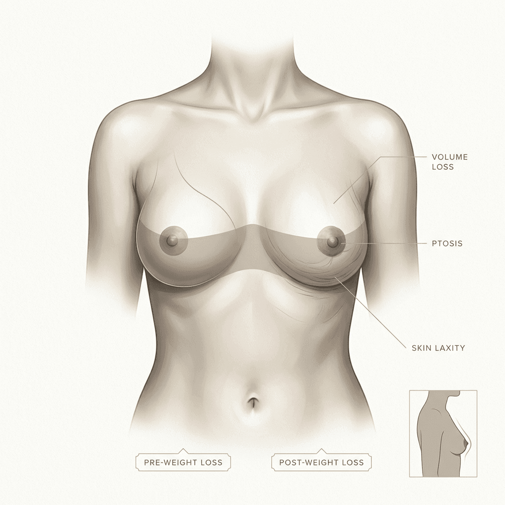 Elegant anatomical illustration: breast fat volume reduction + stretched skin envelope + nipple position shift; labeled “volume loss,” “skin laxity,” “ptosis,” in neutral beige/cream with subtle gold accents.