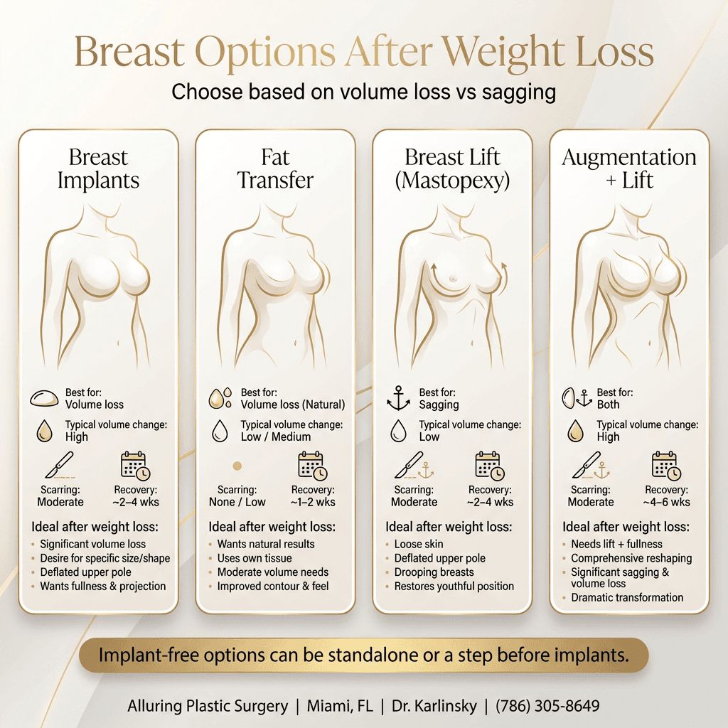 Side-by-side comparison: Implants vs Fat Transfer vs Lift vs Augmentation+Lift—best for (volume loss vs sagging), typical volume change, scarring level, recovery window, and ideal post-weight-loss scenarios.