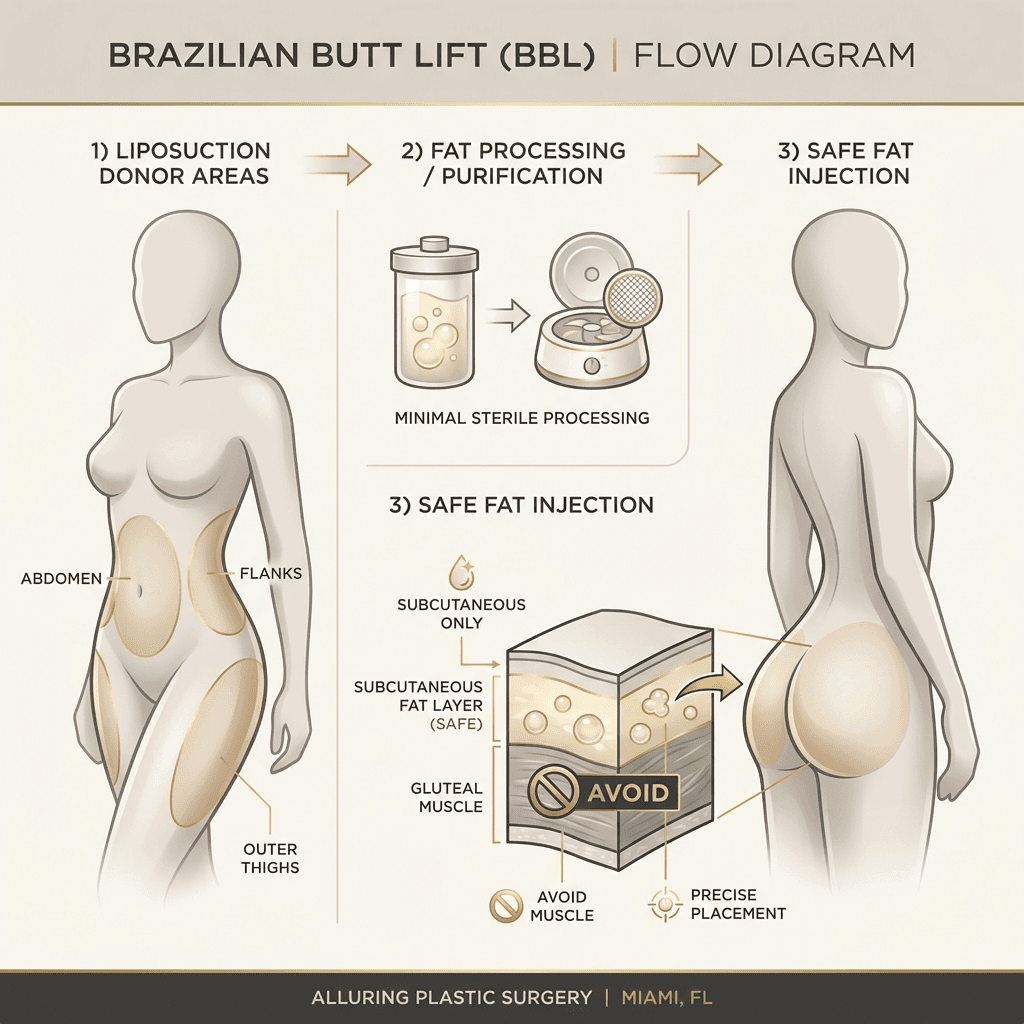 Step-by-step BBL flow diagram: donor areas (abdomen/flanks/thighs) → fat processing → safe subcutaneous injection plane (clearly avoiding muscle). Use refined, non-graphic silhouettes and safety callouts in gold accents.