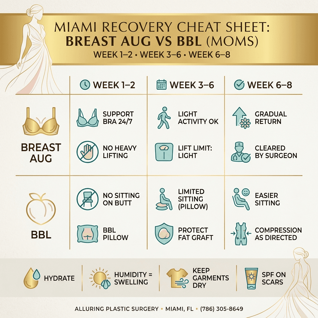 “Miami Recovery Cheat Sheet” infographic: Week 1–2 vs Week 3–6 vs Week 6–8; side-by-side: bra support & lifting limits (breast aug), no-sitting rules & BBL pillow (BBL), plus Miami-specific tips (hydration, sweat/garments, sun/scars).