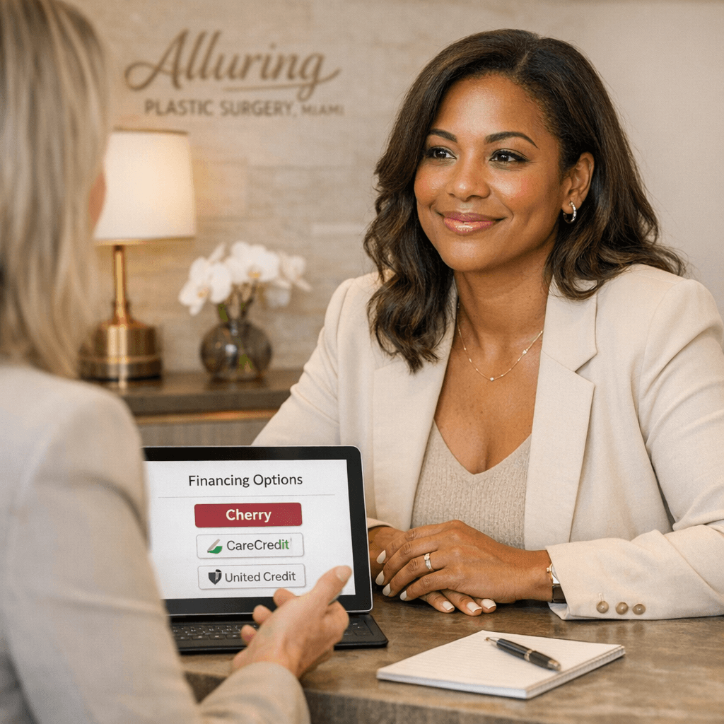 Luxury consultation/coordination moment: well-dressed patient speaking with a coordinator in a bright, stone-toned office with subtle gold accents; laptop/tablet open to financing options; calm, private, professional vibe.