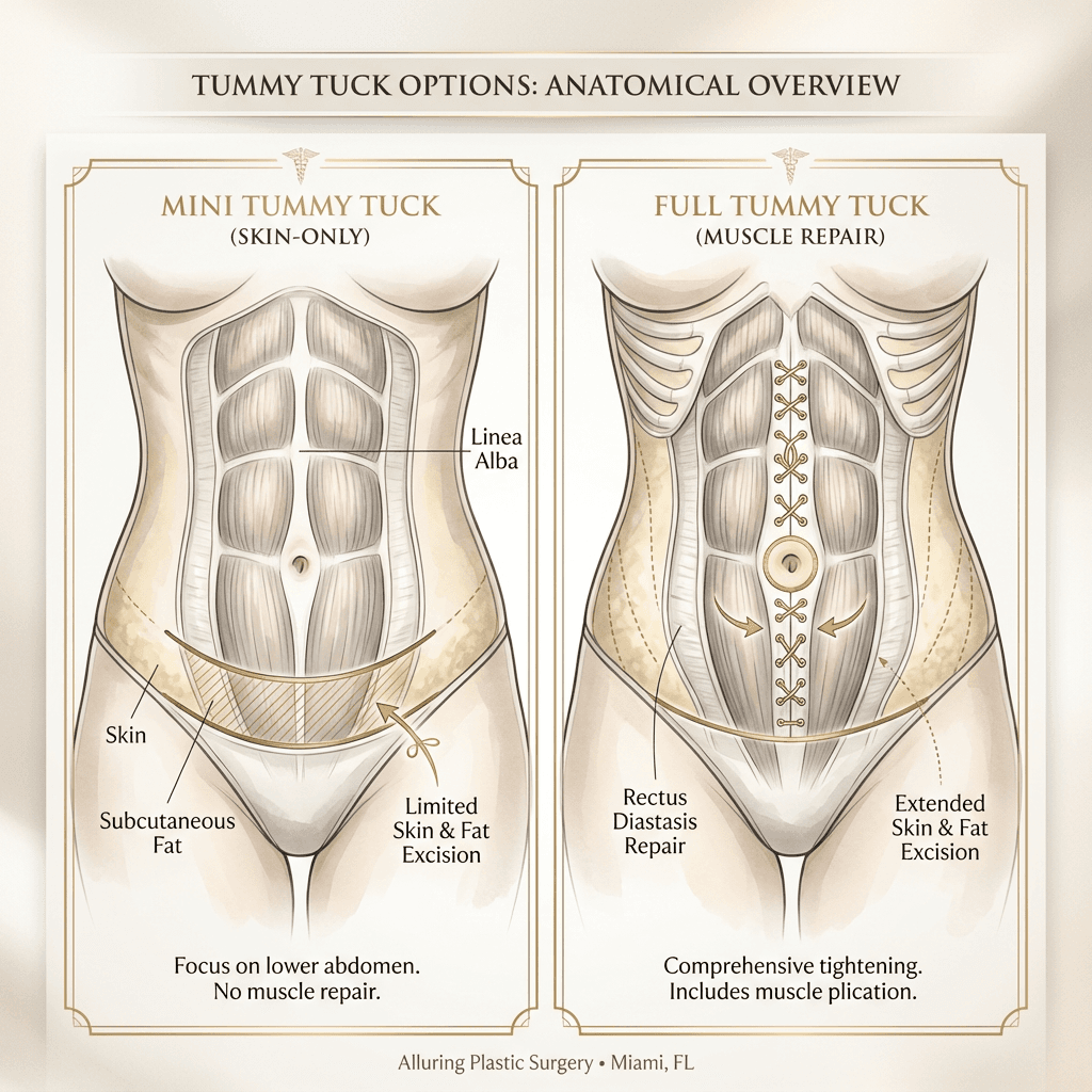 Simple anatomy-style diagram of abdominal layers showing skin/fat removal below the navel with muscles left untouched; label “mini tummy tuck (skin-only)” vs “full tummy tuck (muscle repair)”.