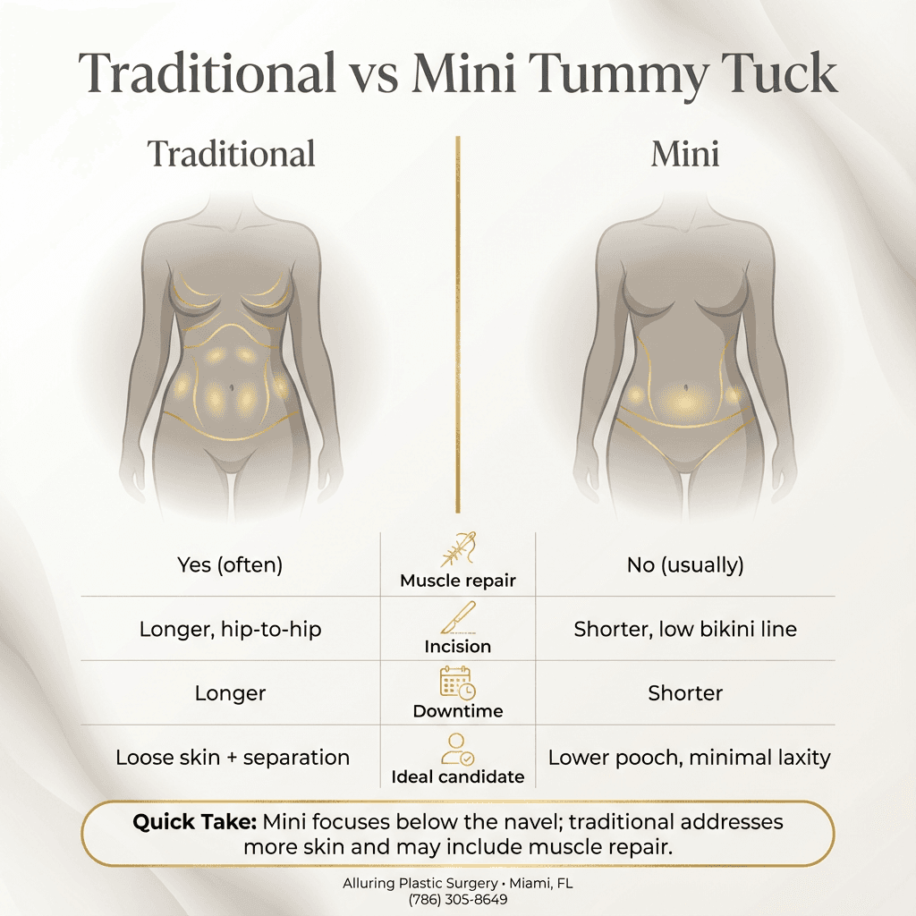 Side-by-side comparison graphic: Traditional vs Mini (muscle repair yes/no, incision length, downtime, ideal candidate), with small iconography and a “quick take” takeaway line.