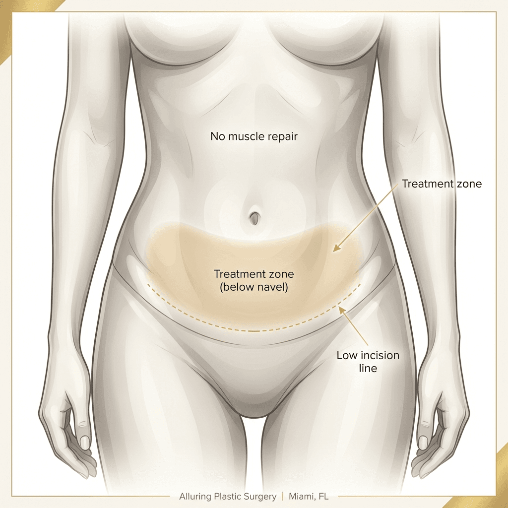 Front-view torso illustration highlighting the “below the navel” correction zone and typical low, discreet incision line (tasteful, non-bloody, minimal detail).