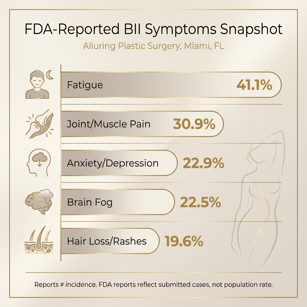 Luxury-branded “FDA-reported BII symptoms snapshot” chart (fatigue 41.1%, joint/muscle pain 30.9%, brain fog 22.5%, anxiety/depression 22.9%, hair loss/rashes 19.6%) with a brief note that reports ≠ incidence
