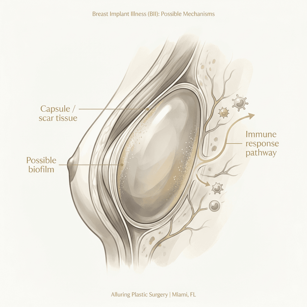Minimal anatomical/medical illustration of an implant with labeled callouts: capsule/scar tissue, potential biofilm, immune response pathway; neutral palette (beige/warm gray) with gold accent labels