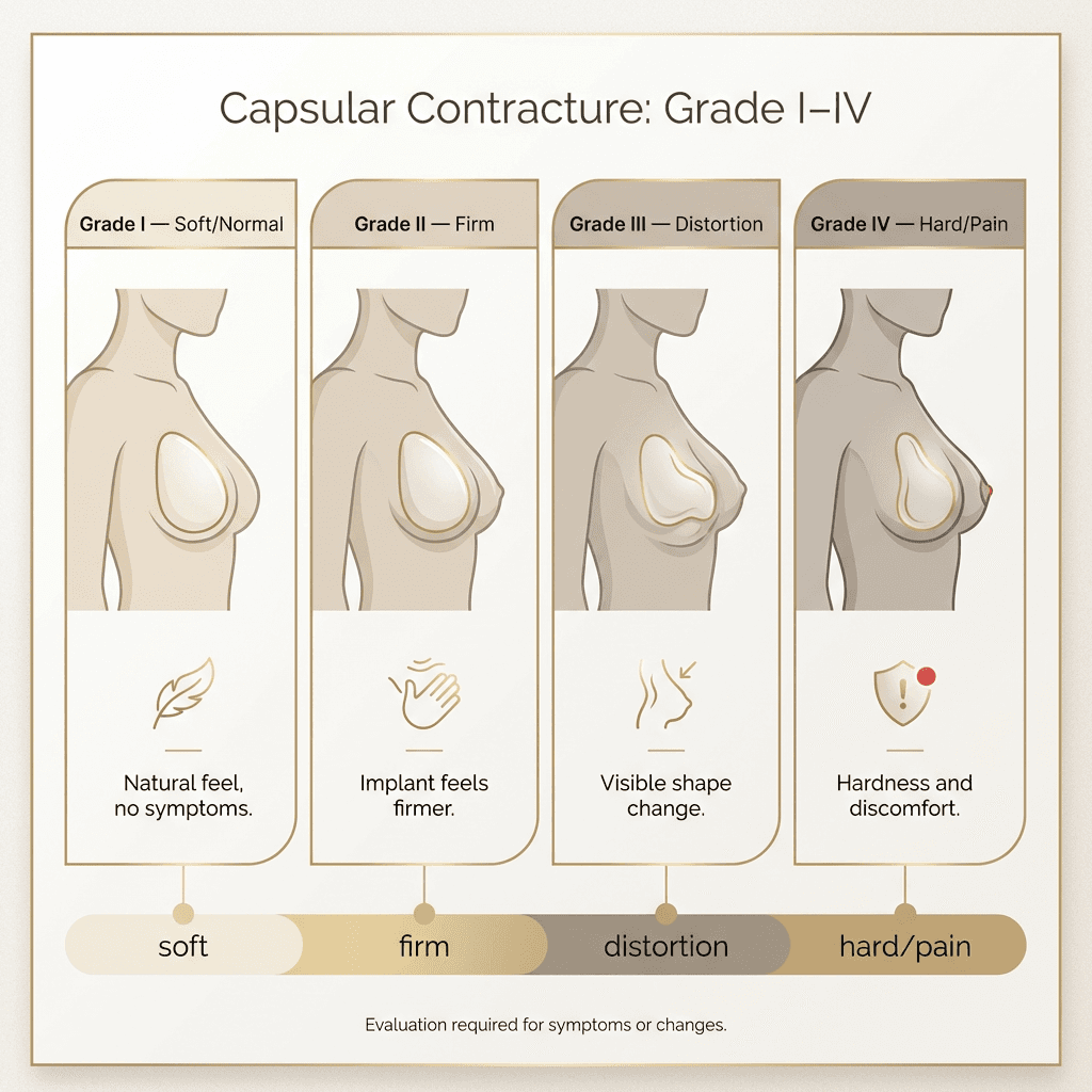 Capsular contracture “Grade I–IV” visual scale with brief descriptors (soft/normal → firm → distortion → hard/pain) and a discreet note: evaluation required