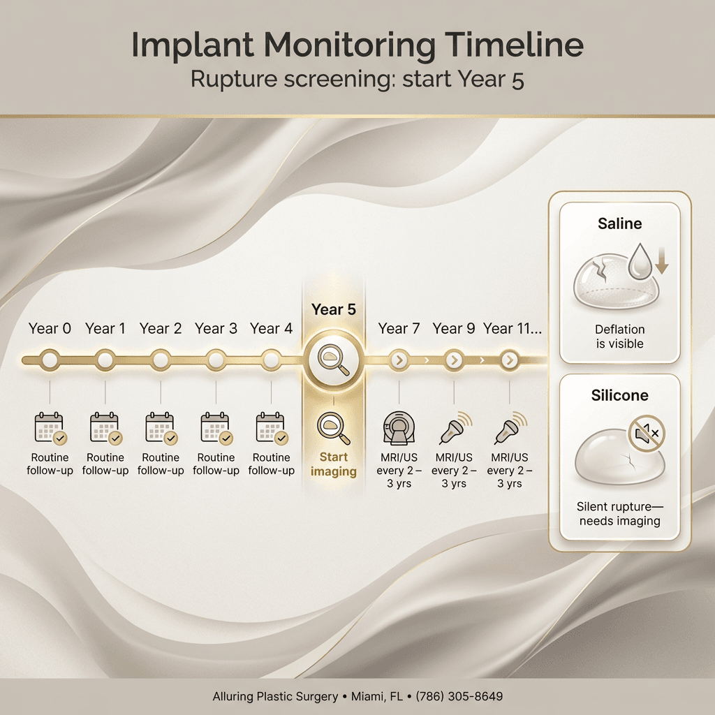 “Implant monitoring timeline” showing years 0–5 (routine follow-ups) → year 5 start imaging → ongoing every 2–3 years; include differences: saline visible deflation vs silicone ‘silent’ rupture