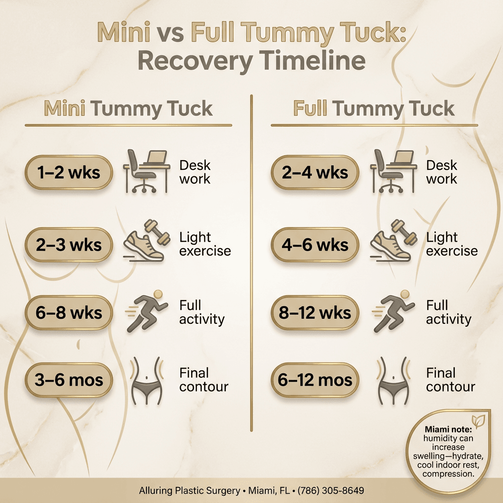 Side-by-side recovery timeline infographic (Mini vs Full): return to desk work, light exercise, full activity, and “final contour” windows; include a small Miami-specific note on humidity/swelling management in a discreet callout.