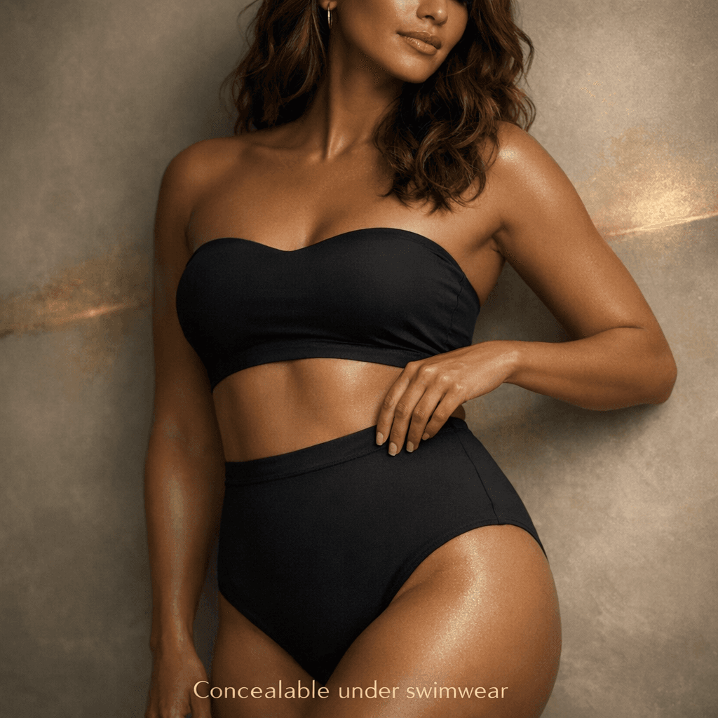 Tasteful, non-explicit artistic photo of a confident woman in high-waisted bikini/swimwear (no explicit scar focus), emphasizing smooth lower-abdomen silhouette and “conceal under swimwear” messaging; warm stone background + soft gold accents.