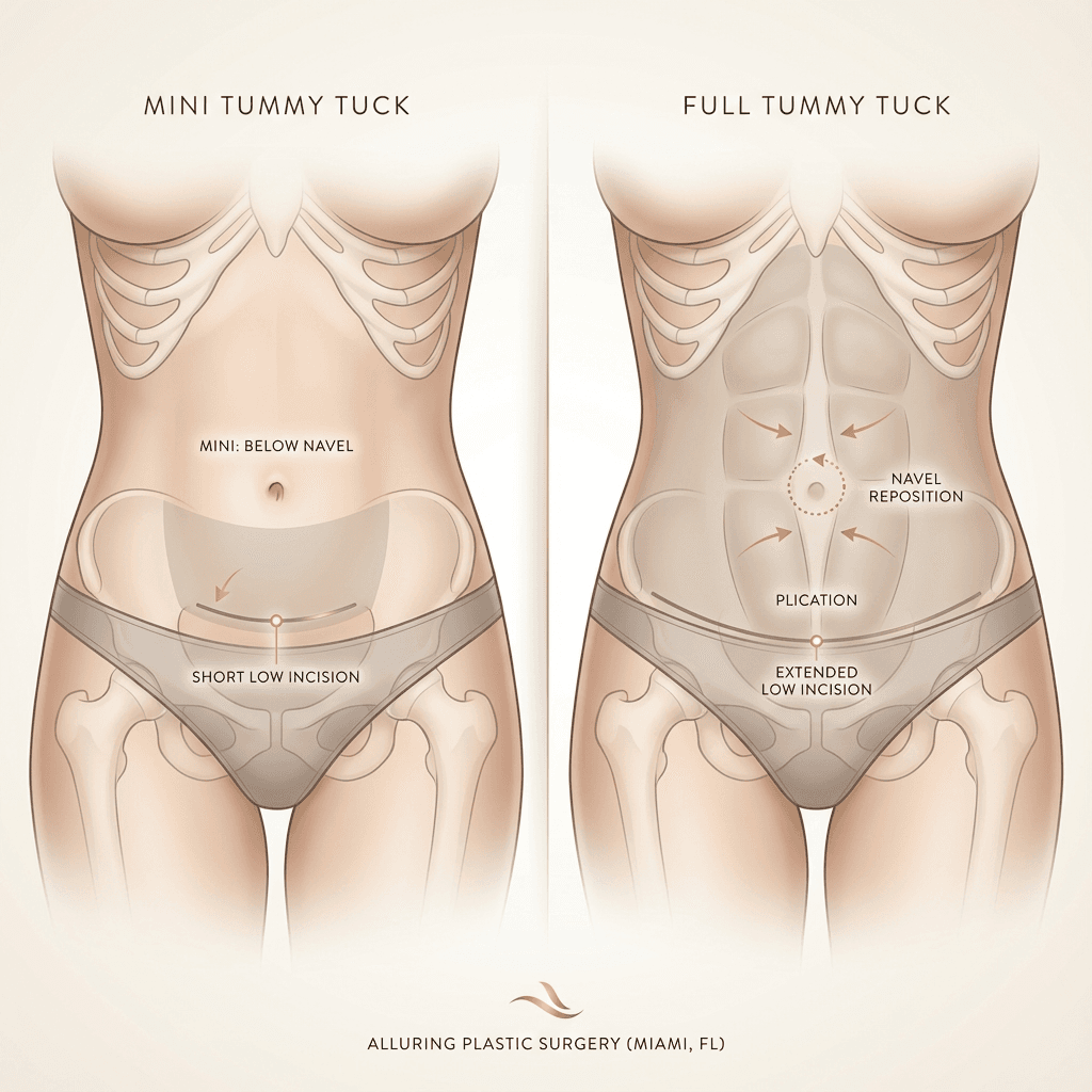 Clean, luxury-styled anatomical illustration: front-view abdomen showing (1) mini tuck treatment zone below navel + short bikini-line incision and (2) full tuck zone upper+lower abdomen + muscle plication + navel repositioning; use stone-tone palette with subtle gold callouts/labels.