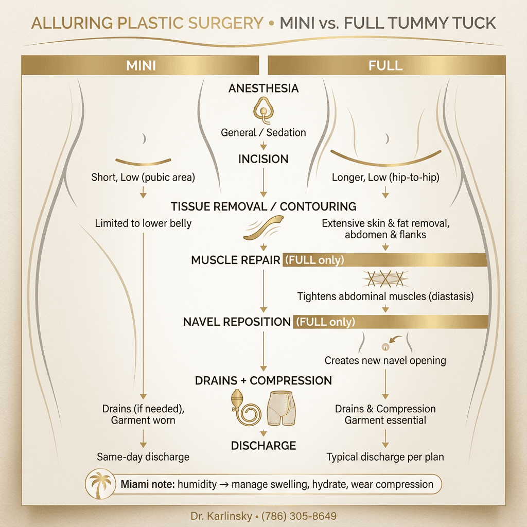 Premium, minimalist step-by-step infographic: Mini vs Full procedure flow (Anesthesia → Incision → Tissue removal/contouring → Muscle repair (full only) → Navel reposition (full only) → Drains/compression → Same-day discharge (mini) / typical discharge notes). Include a small Miami note callout (humidity/swelling management) in discreet gold-accent styling.