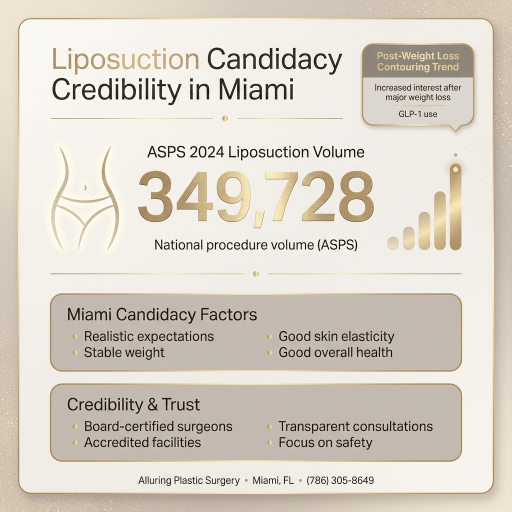 Minimalist infographic featuring the 2024 ASPS liposuction volume (349,728), plus a small callout on “post-weight loss/GLP-1 contouring trend” (no medical claims beyond what’s cited). Use stone-tone background with subtle gold accent lines.