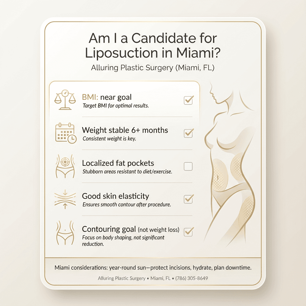 “Am I a Candidate?” checklist card: BMI guidance, stable weight 6 months, localized fat pockets, good skin elasticity, contouring (not weight loss). Include a small “Miami considerations” footer line.