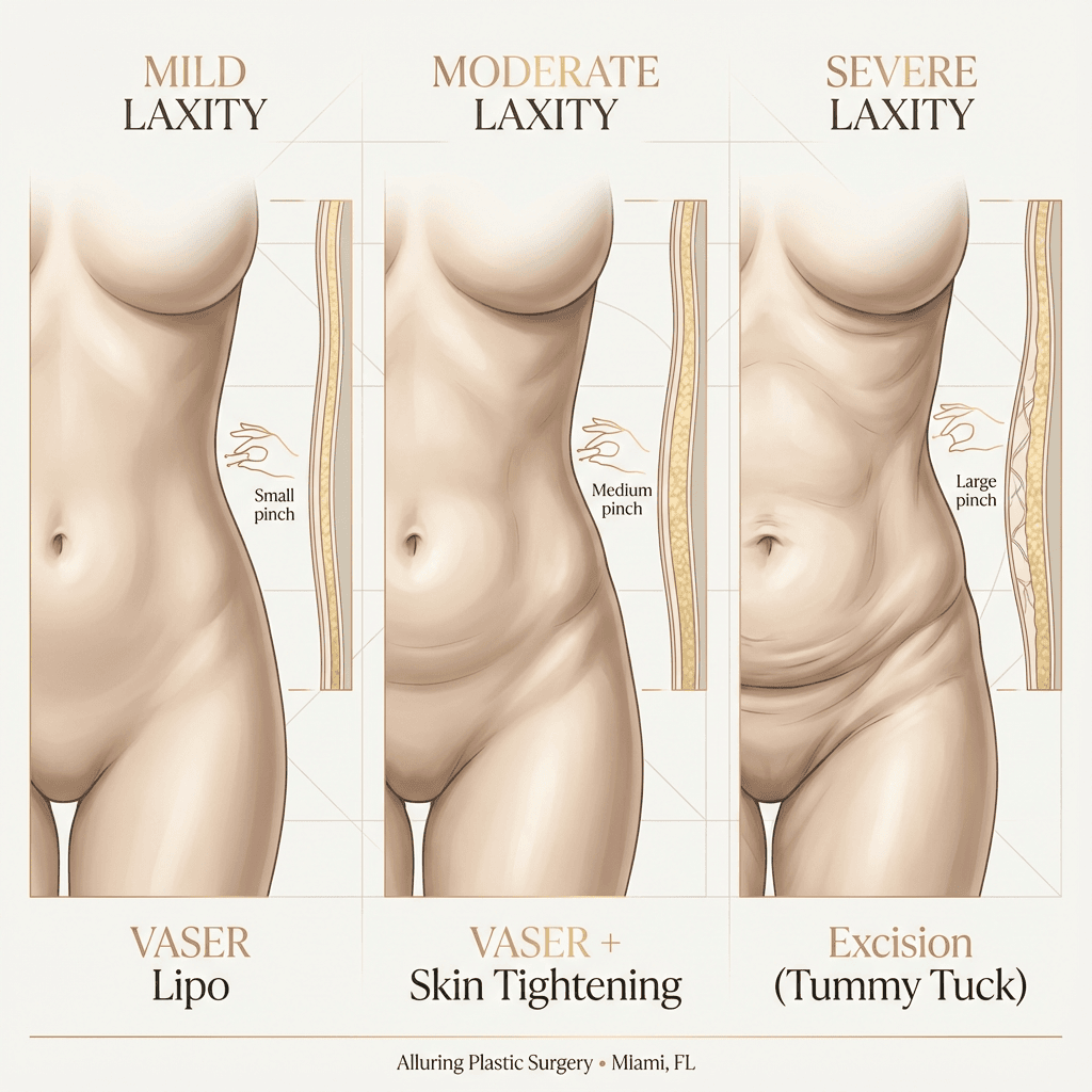 Educational visual: three-tier skin laxity diagram (mild/moderate/severe) with recommended approach (VASER lipo, combo treatments, tummy tuck/excision). Keep it non-graphic and refined.