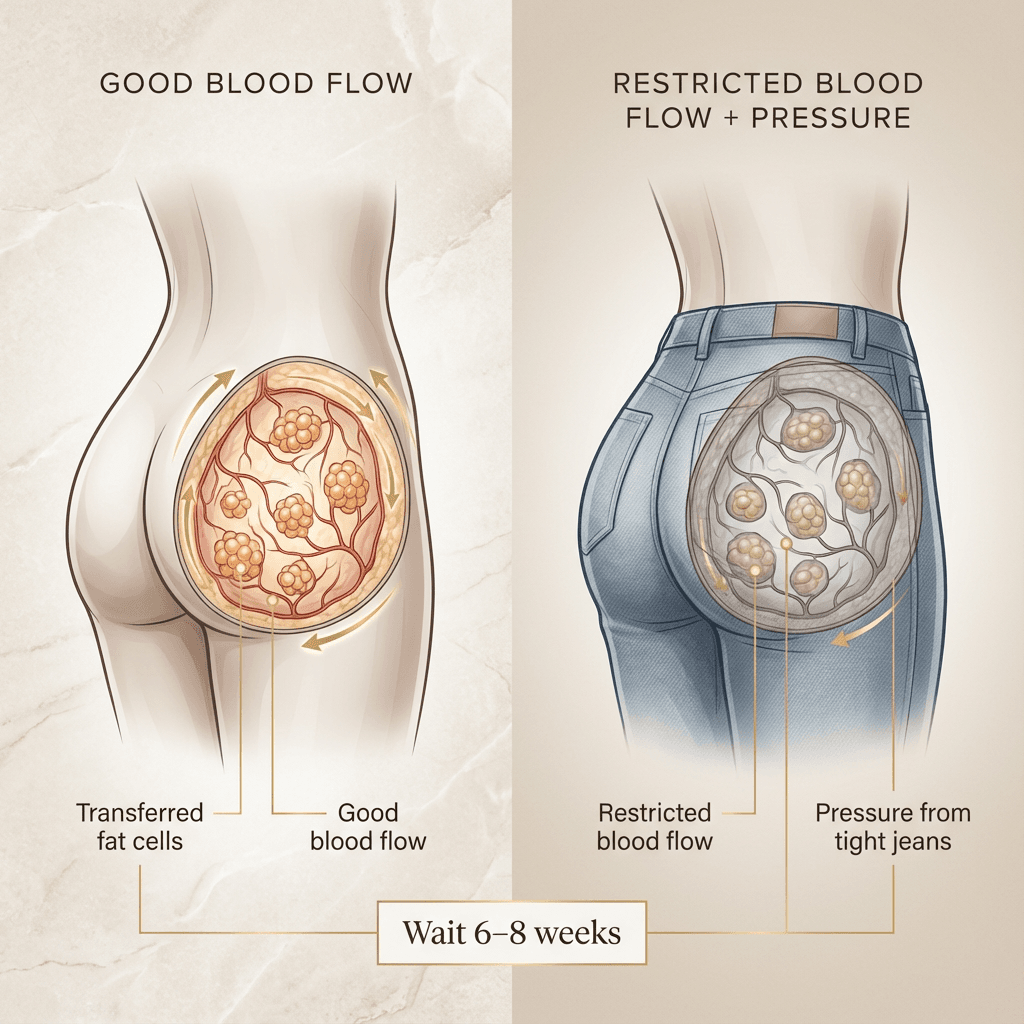 Clean anatomical illustration showing transferred fat cells in the buttocks with “good vs restricted blood flow” and “pressure from tight jeans” callouts (stone-tone palette, gold accents).