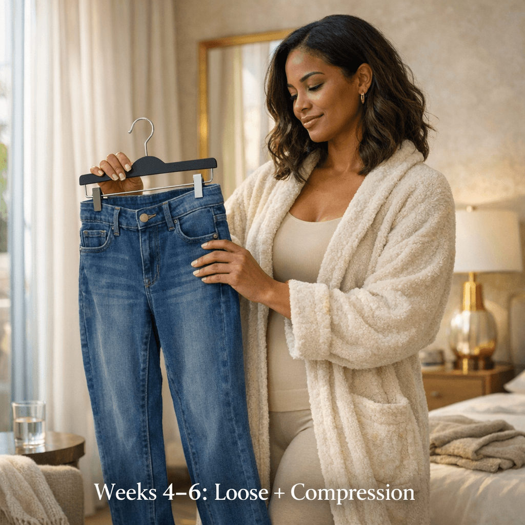 Lifestyle photo: elegant at-home scene of a woman in a robe/loose loungewear with a discreet compression garment implied (no explicit surgical depiction), warm neutrals + gold accent styling.