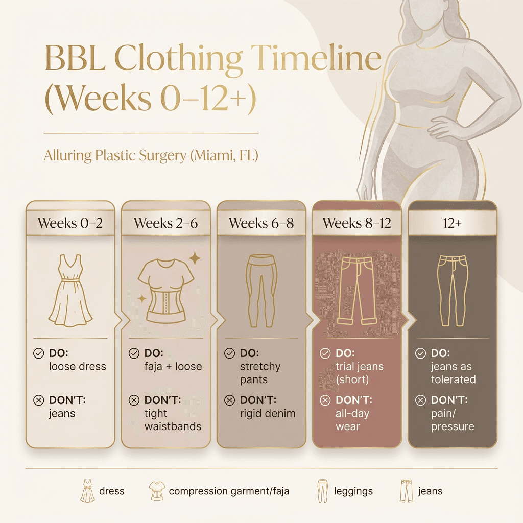 Premium infographic: “BBL Clothing Timeline (Weeks 0–12+)” with color-coded phases, icons (dress, compression garment, jeans), and brief do/don’t notes in brand stone tones with gold accents.