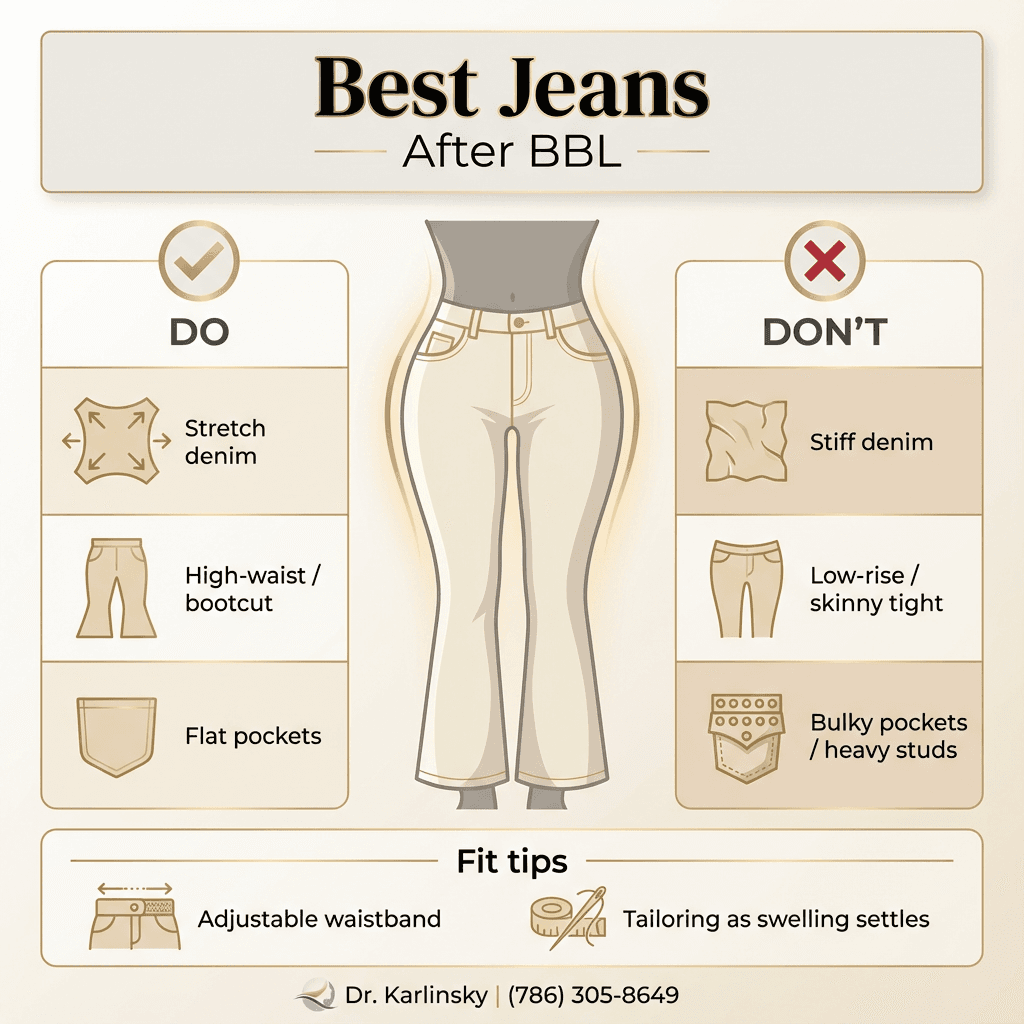 “Best Jeans After BBL” mini-guide graphic: do/don’t comparisons (stretch denim vs stiff denim, flat pockets vs bulky pockets, high-waist/bootcut examples) with simple icons and luxe typography.