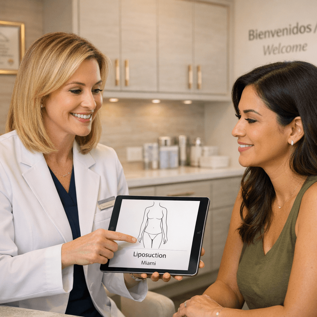 Female plastic surgeon consulting Latina patient with liposuction outline on tablet in luxury Miami clinic consultation room