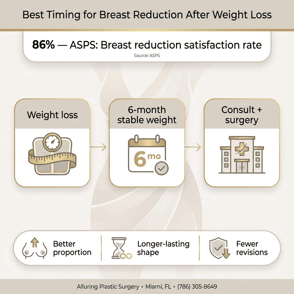 Mini infographic: “Best timing for breast reduction after weight loss” with the 86% ASPS stat, a simple 3-step timeline (weight loss → 6-month stability → consult/surgery), and 2–3 quick benefits (proportion, longer-lasting shape, fewer revisions).