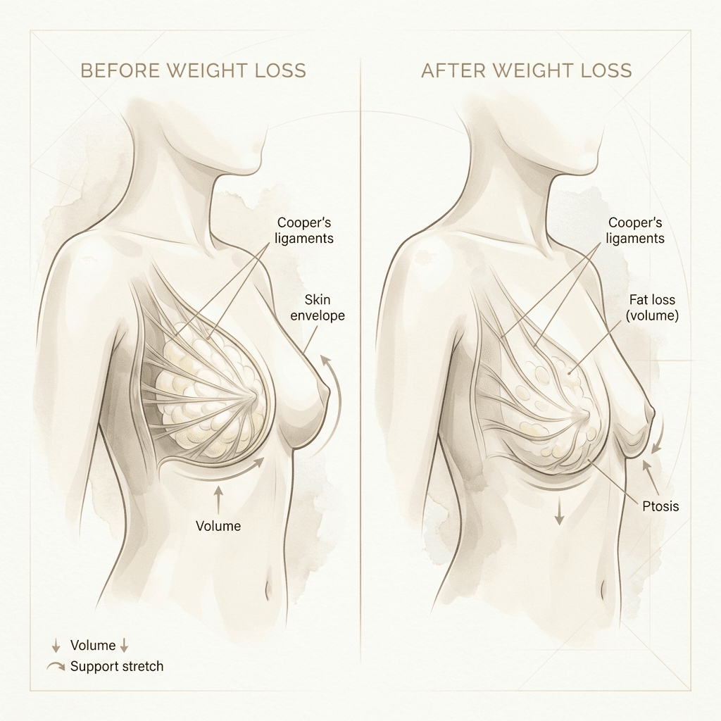 Clean anatomical illustration of the breast showing Cooper’s ligaments, skin envelope laxity, and a simplified “before weight loss / after weight loss” silhouette (no explicit nudity; neutral stone-tone palette with gold callouts).