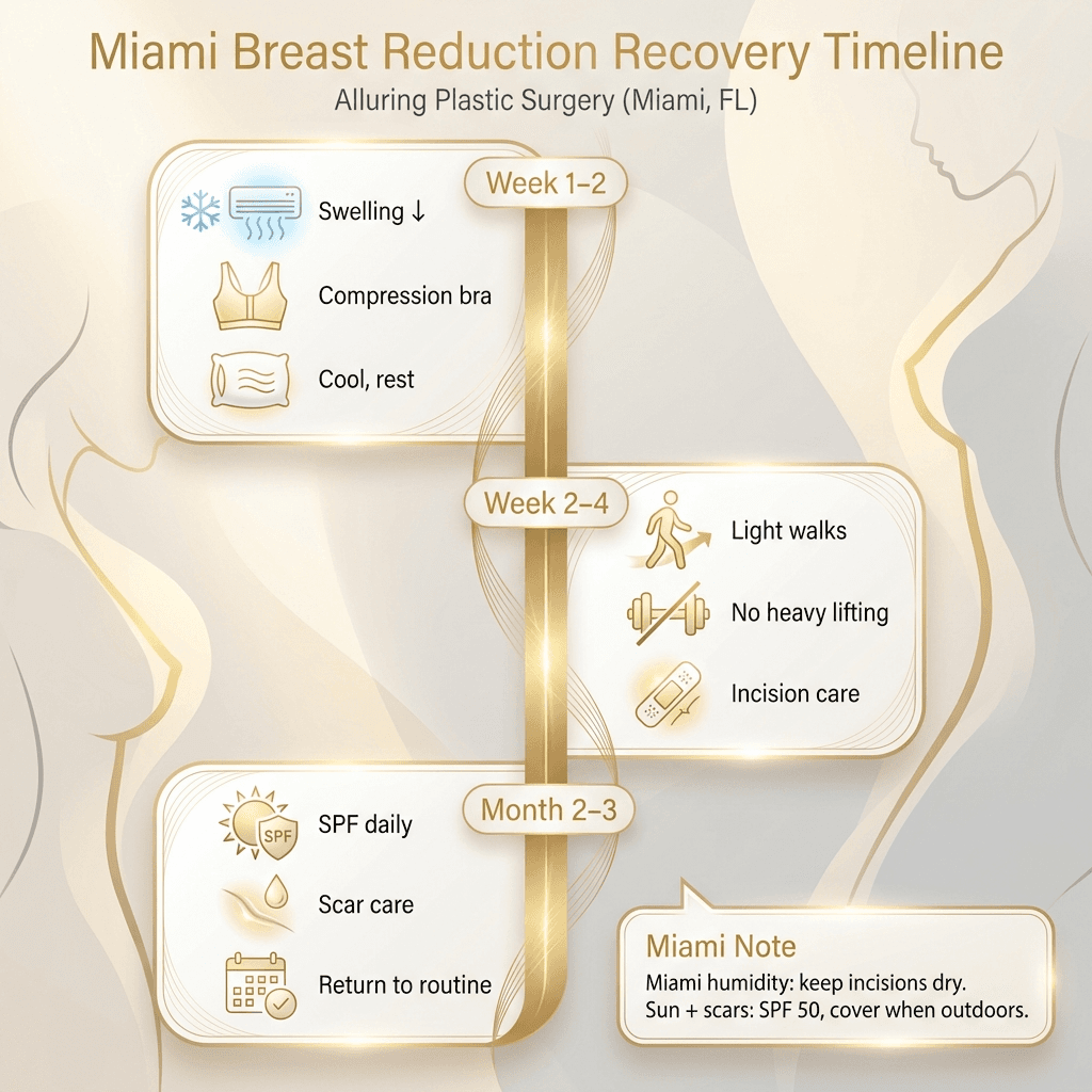 “Miami Breast Reduction Recovery Timeline” graphic: Week 1–2 / Week 2–4 / Month 2–3 with icons (AC/cooling, compression bra, sun/SPF, walking) and one Miami note on humidity + scar sun protection.