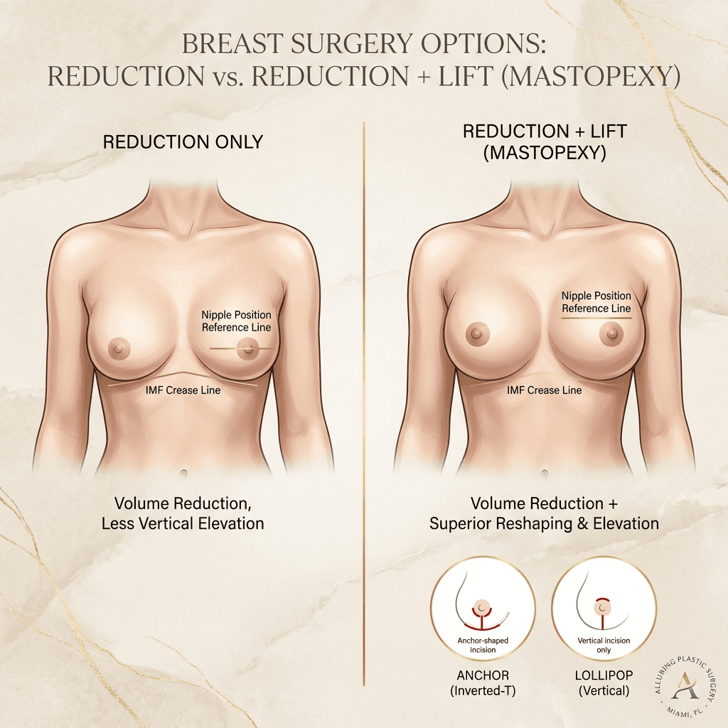 Side-by-side illustration: “Reduction only vs Reduction + Lift (mastopexy)” with nipple position/crease reference lines and small inset showing common incision patterns (anchor/lollipop) in a discreet, clinical-lux style.