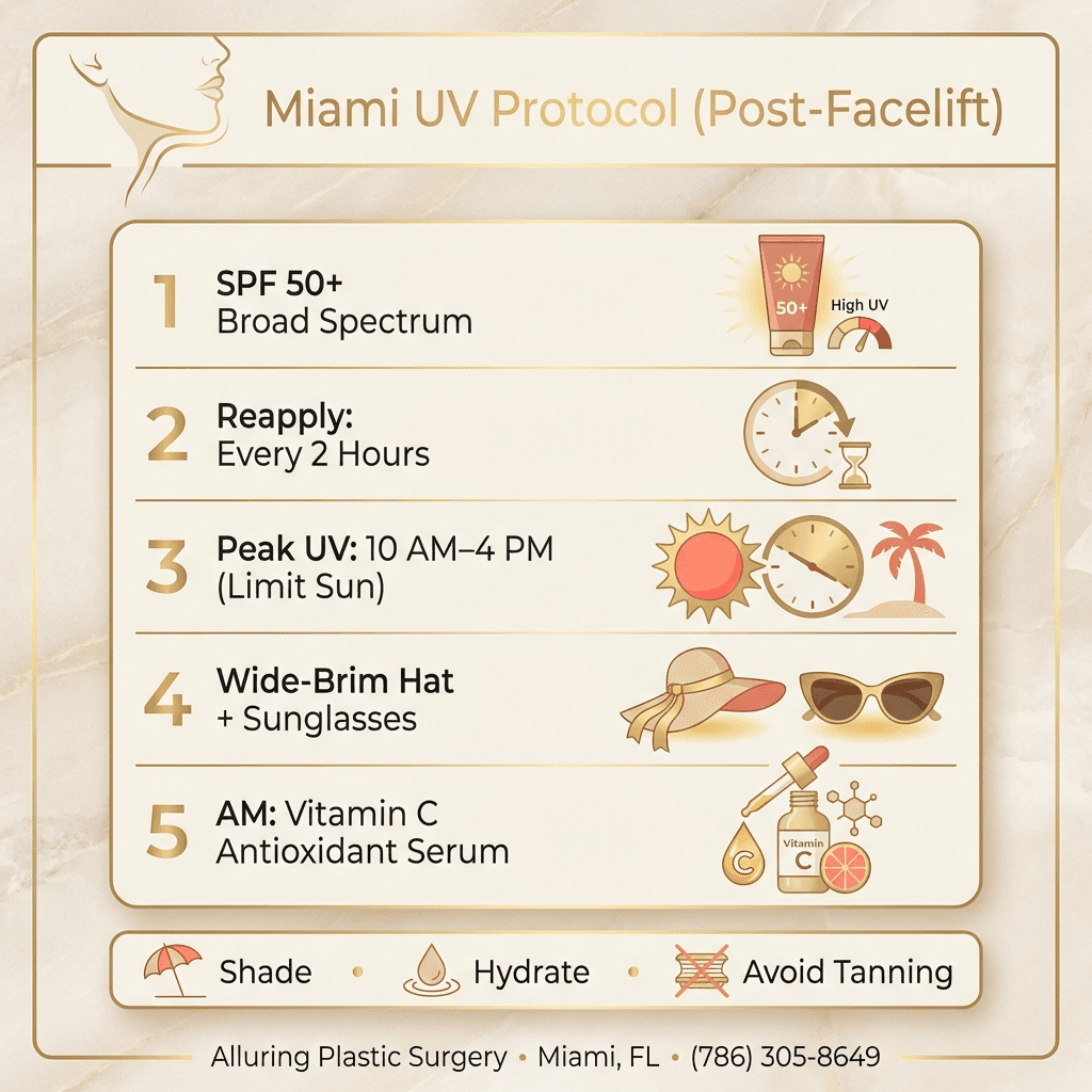 Sun-protection protocol graphic: SPF 50+, reapply cadence, 10–4 peak hours, hats, vitamin C antioxidant serum—styled like a luxury skincare routine guide.
