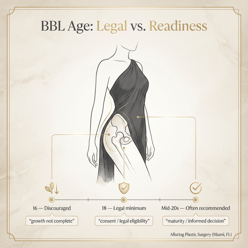 Simple, premium diagram: “Legal eligibility vs. developmental readiness” showing 16 (discouraged), 18 (legal), mid-20s (recommended), with small callouts on consent, growth, and informed decision-making.