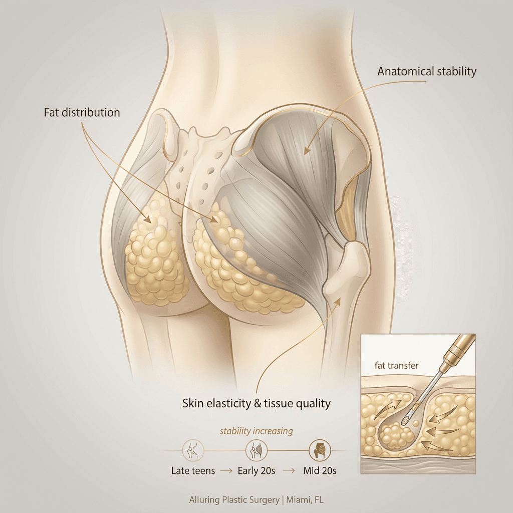 Elegant anatomical illustration of gluteal region + fat transfer concept, with callouts: fat distribution stability, skin elasticity, tissue quality—kept non-graphic and educational.